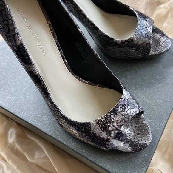 VIA SPIGA ‘Embry’ Snakeskin Embossed Leather Peep Toe Silver/Black Heels, 7 - Picture 6 of 9